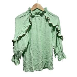 Hofmann Copenhagen Julianna Blouse 34 Green Plaid Ruffle High Neck Top Feminine